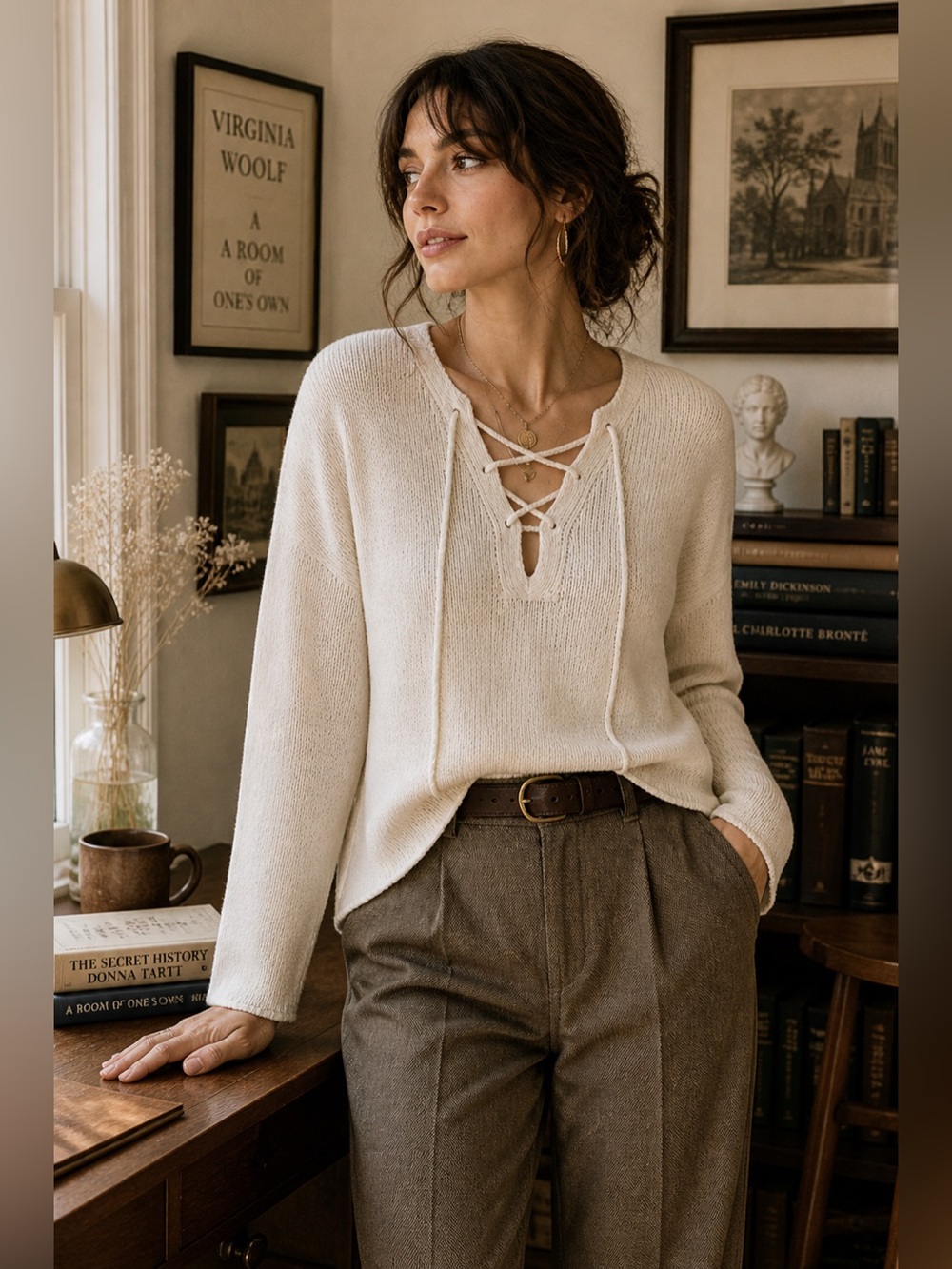 Joie Size XS Ivory Cashmere Lace Up Neckline Long Sleeve Boho Western Sweater